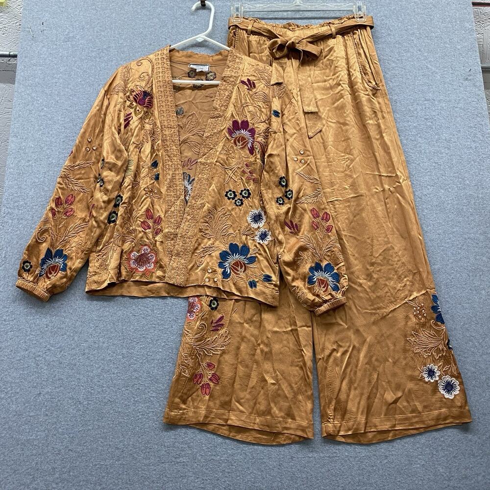 Johnny Was Workshop Embroidered 2 Pc Silk Blend Kimono Jacket Wide Leg Pant Set - Picture 2 of 16
